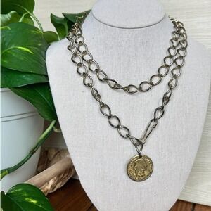 Vintage 1970's Layered Chain Necklace With Coin Pendant Gold Tone
